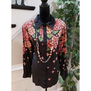 Bob Mackie Women's Black Floral Silk Collared Long Sleeve Button Down Shirt XL